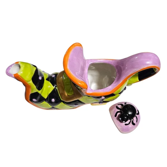 Ceramic Halloween Witch's Boot Teapot Spider Lid Harlequin Check Whimsical Decor - Picture 14 of 16